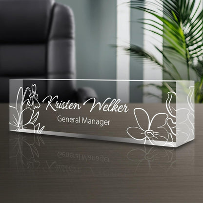 Personalized Name Plate for Desk - Custom Engraved Name Plates for Man - Boss Day Gifts for Boss - Acrylic Office Decor Appreciation Gifts for Teacher Nurse Coworker Social Worker (White Bloom)