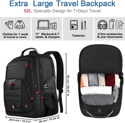 LifetimeWarranty Extra Large Travel Backpack With 52L Capacity, Long-Term Durability TSA Backpack,Anti-Theft 17.3" Big Business Laptop Backpack for Men&Women,Water Resistant College Rucksack Bag Black