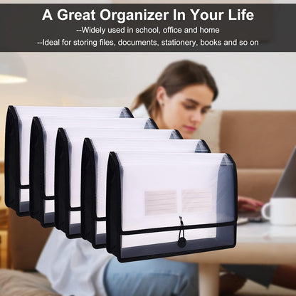 Eco-Friendly Plastic File Folders, Poly Expanding File Wallet, Expandable Envelope Organizer Document Folder with Elastic Band and Button Closure, with Small Two Pockets, 5 Pack- Black