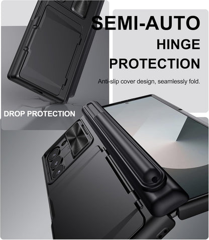 for Samsung Galaxy Z Fold 6 Case with Card Holder & S Pen Holder & Slide Camera Cover, Built-in Hinge Protection & Screen Protector, Durable Wallet Phone Cover Case for Z Fold 6 5G 2024, Black