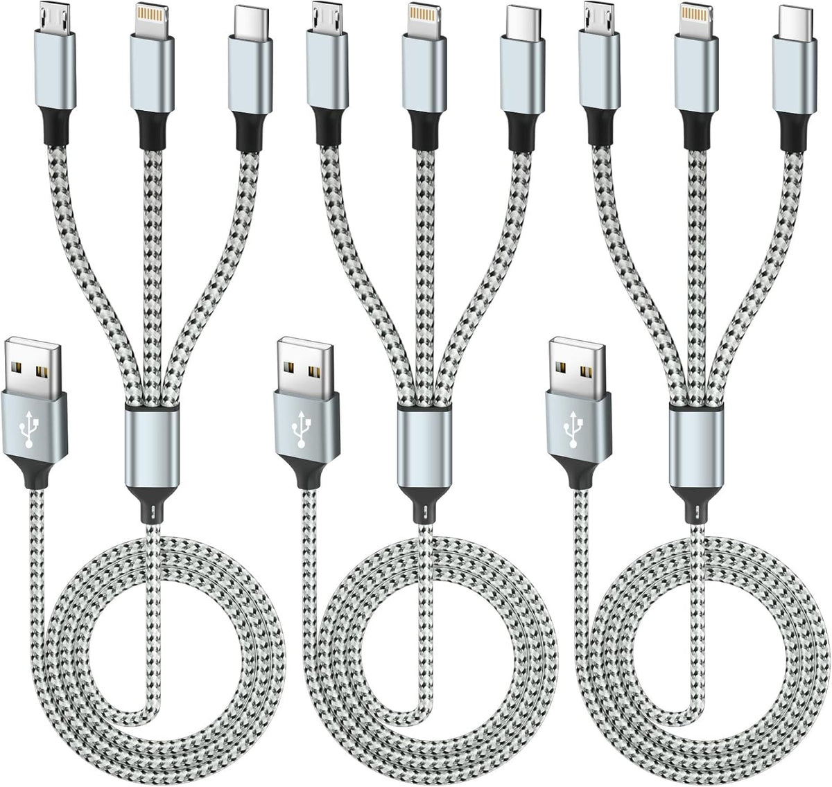 Multi Charging Cable(3Pack 4FT), 3 in 1 Charging Cable for Multiple Devices, Multi Phone Charger Cord with Type-C, Micro USB and IP Port for iPhone 16/15/14/13/iPad/Android/Tablets and More