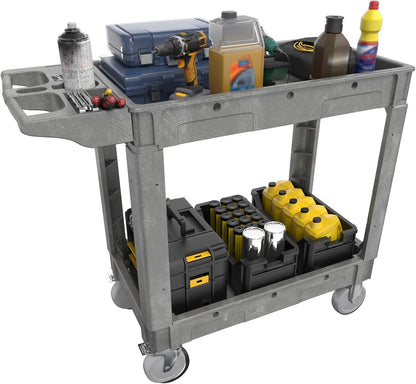 2 Tier Plastic Rolling Cart Utility Cart on Wheels, Heavy Duty Tool Carts with Ergonomic Storage Handle and Deep Shelfs, Work Carts Service Cart for Garage, Warehouse, Workshop, Office, Cleaning