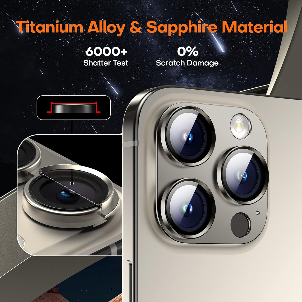 Camera Lens Protector for iPhone 16 Pro Max/16 Pro/15 Pro Max/15 Pro/14 Pro Max/14 Pro, Aluminum Alloy Sapphire Glass Camera Screen Cover, Case Friendly- Natural Titanium