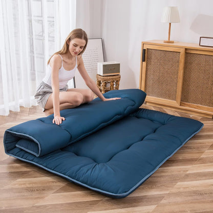 MAXYOYO Japanese Floor Mattress Futon Mattress, Thicken Sleeping Pad Foldable Roll Up Floor Futon for Adults Tatami Mat Dormitory Bed Lounger, Bluestone, Twin Size