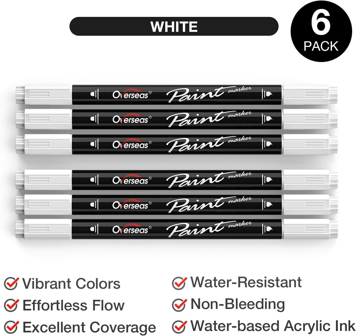 Overseas White Acrylic Paint Markers, 6 Pack Dual Tip Paint Pens Acrylic Markers - Dot and Brush Tip Coloring Marker for Wood, Rock, Canvas, Glass, Metal, Plastic, Rubber, Fabric, School Supplies