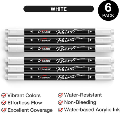Overseas White Acrylic Paint Markers, 6 Pack Dual Tip Paint Pens Acrylic Markers - Dot and Brush Tip Coloring Marker for Wood, Rock, Canvas, Glass, Metal, Plastic, Rubber, Fabric, School Supplies