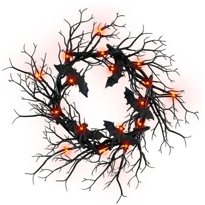 Halloween Black Branch Wreath - 18 Inch Black Twig Halloween Bat Wreaths with Red Lights for Front Door Indoor Outdoor Party Window Wall Decor Farmhouse Garland Yard