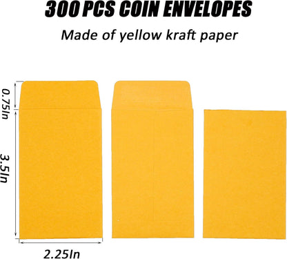 #1 300 Pcs Small Coin Envelopes 2.25" x 3.5" with Gummed Flap, Yellow Kraft Mini Envelopes for Storing Keys, Stamps, Seeds, Tips and Small Items (300)