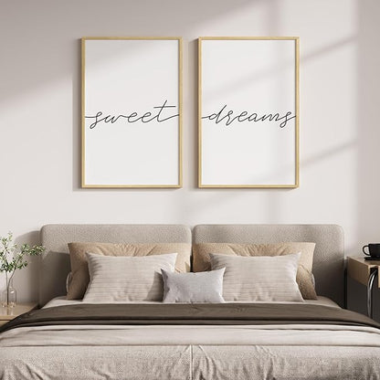 Framed Sweet Dreams Wall Art for Bedroom Decor, Set of 2 Minimalist Quote Canvas Prints, Modern Black and White Typography Artwork for Nursery Guest Room Bedroom Hallway Walls Decor, 16x24 Inch