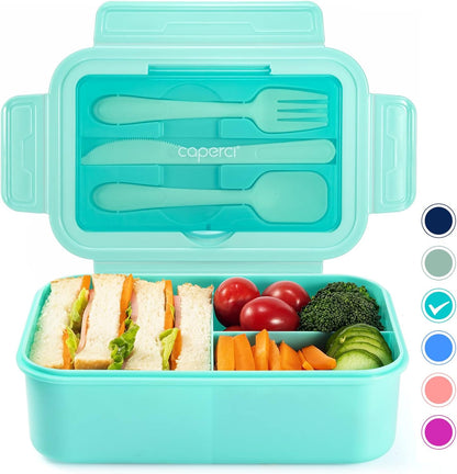 Caperci Classic Bento Box Adult Lunch Box for Older Kids - Leakpoof 47 oz 3-Compartment Containers for Adults and Teens, Built-in Utensil Set, Ideal for On-the-Go Balanced Eating, Navy Blue