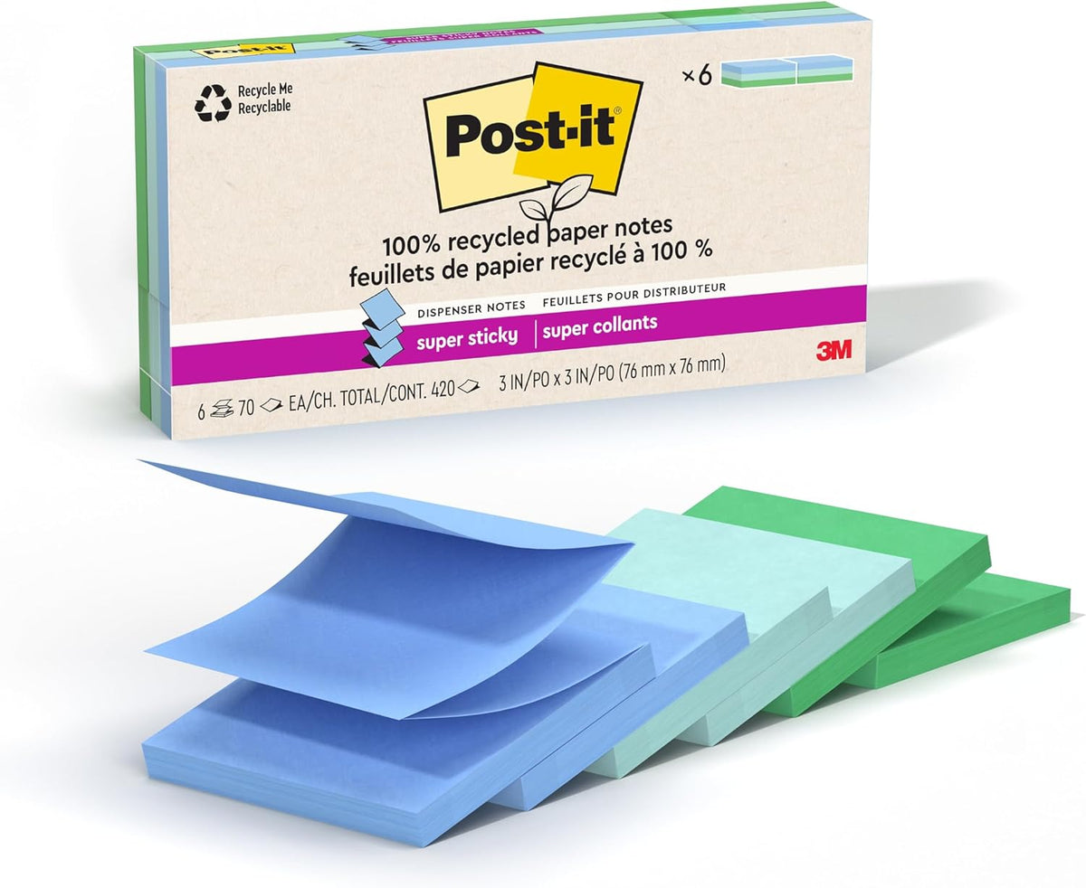 Post-it 100% Recycled Paper Super Sticky Pop-up Notes, 2X The Sticking Power, 3x3 in, 6 Pads, 70 Sheets/Pad, Oasis Collection (R330R-6SST)