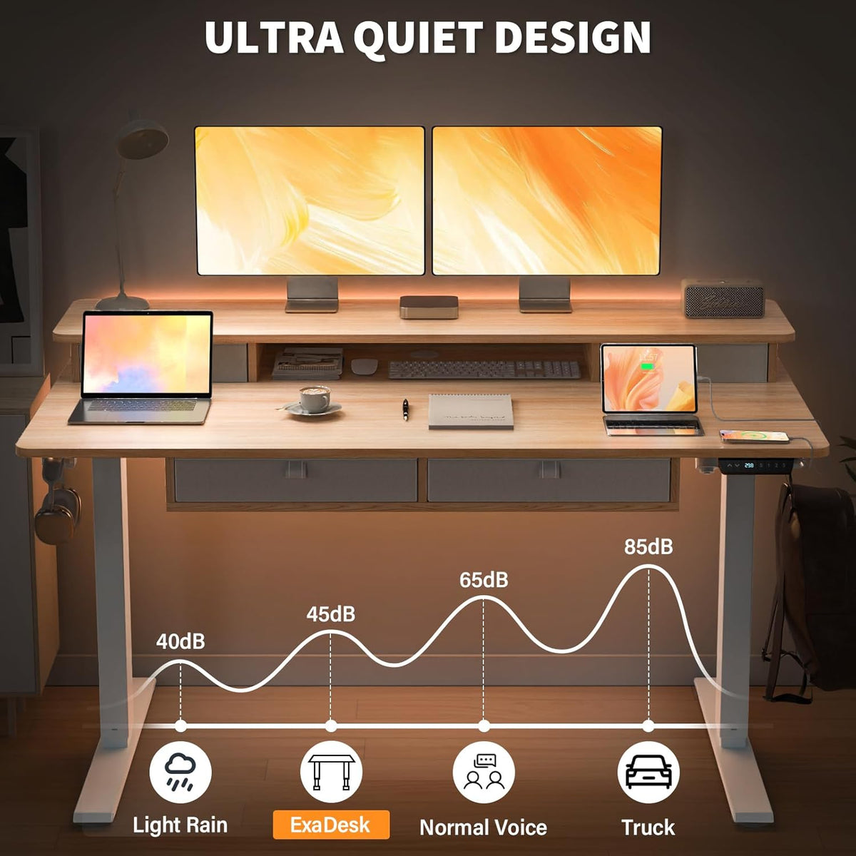 55 * 30 Inches Electric Standing Widened Desk Adjustable Height with 4 Drawers, Double Storage Shelves, Home Office Workstation Sit Stand up Desk (Nature)