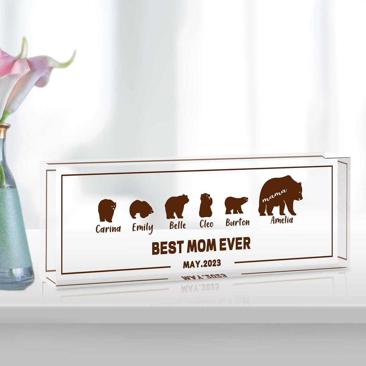 Personalized Office Desk Accessories Gift Mama Bear Family Sign with Names Text Date,Custom Mothers Day Gift from Daughter Son,Clear Glass Acrylic Desk Decor Desk Decorations for Women Office…