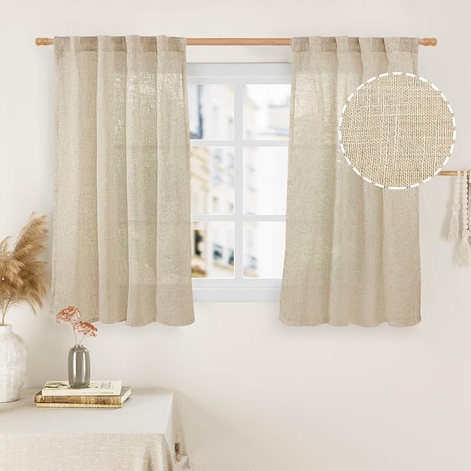 LAMIT Small Window Linen Curtains 45 Inches Long, Semi Sheer Light Filtering Panels Back Tab and Rod Pocket Cafe Drapes for Basement/Window/Kitchen, Linen, 2 Panels, 34 x 45 Inch