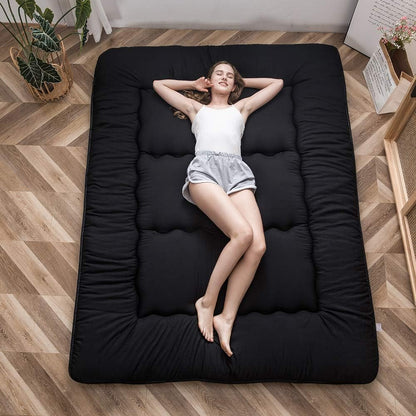 MAXYOYO Japanese Floor Mattress Futon Mattress, 4" Thicken Tatami Mat Sleeping Pad Foldable Roll Up Mat Boys Girls Dormitory Pad Kids Floor Lounger Pillow Bed, Black, Full
