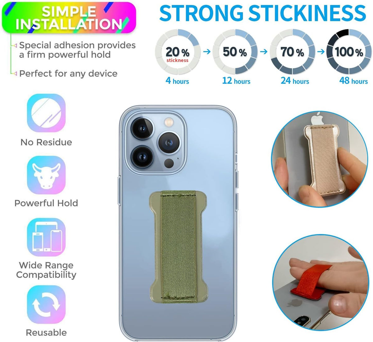 Phone Grip Holder for Hand, Universal Finger Strap Phone Holder, Finger Selfie Grip Compatible with Most Smartphones (Green) - 2Pack