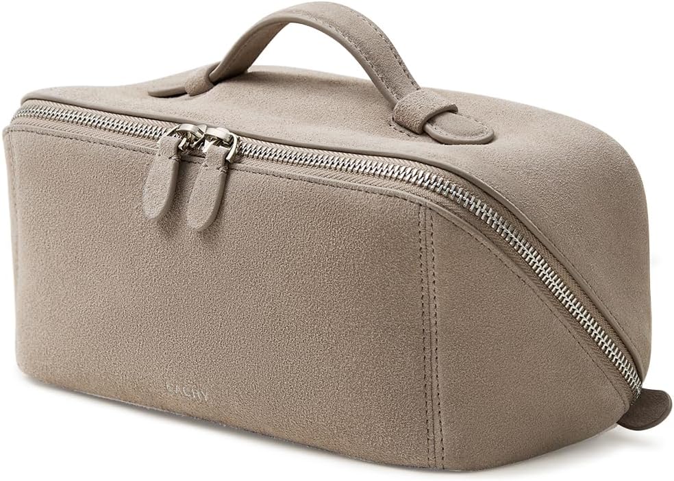 EACHY Leather Makeup Bag, Portable 180° Wide-Open Flat Cosmetic Bag for Women, Large Capacity Make Up Organizer Makeup Pouch with Divider and Handle