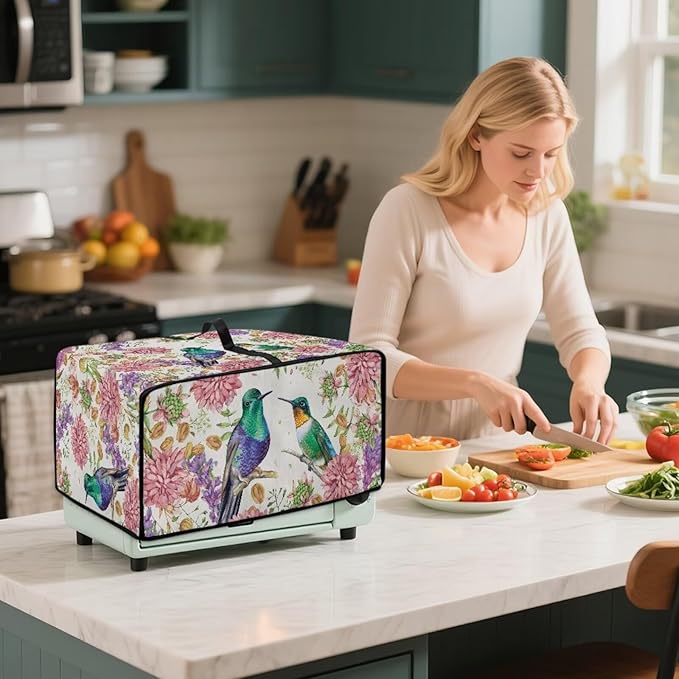 Toaster Oven Dust Cover for Countertop Convection Ovens, Dustproof Small Electrical Appliance Protector Kitchen Decor, L, 18.5 x 22.5 x 13 Inches, Hummingbird Pink Flower Creamy White