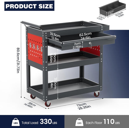 ALANNG 330 LBS Rolling Tool Cart with 1 Drawer & 3 Shelves | Heavy Duty Mechanic Cart Includes 7 Hooks, 2 Pegboards & Screw Organizer | Metal Service Cart for Garage Workshop (Grey, 1 Pack)