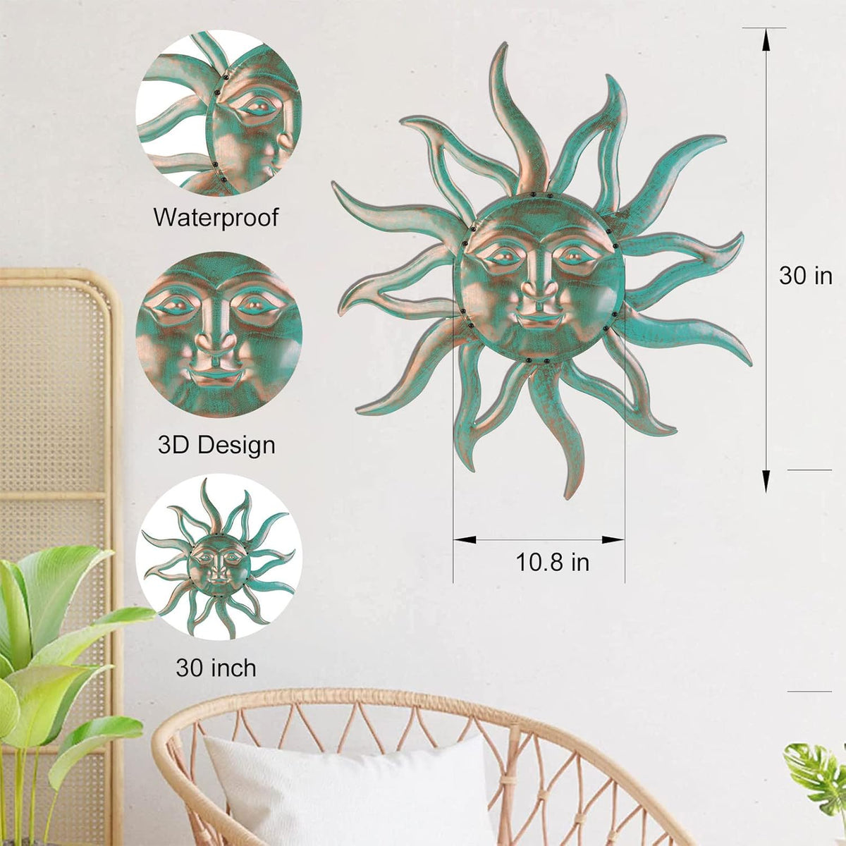 Sun Metal Wall Art Outdoor Decor - 30 Inches Rust Proof Retro Metal Wall Sculpture Statues Wall Art Hanging Decoration for Indoor Outdoor,Garden, Home, Farmhouse, Fence Balcony Patio and Bedroom