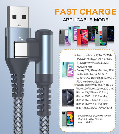 sweguard USB C Cable Right Angle [3Pack, 6.6FT+3.3FT+3.3FT], USB Type C iPhone 16 Charger Cable Nylon Braided Cord for iPhone 15 16 Pro Max Plus, Samsung Galaxy S25 S24 S23 S22 S21 S10 Note 20 10,Moto