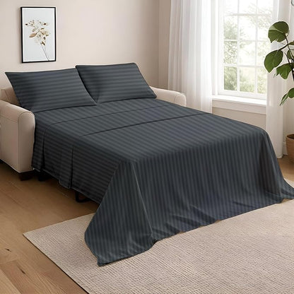 NON Sticky cotton Full Size Sleeper Sofa Sheets, 4 Piece Egyptian Cotton Bed Sheet Set for Sofa Bed, 7" Deep Pocket for Pull Out Couch Mattress, 54" x 75", Dark Grey Stripe, Soft & Breathable