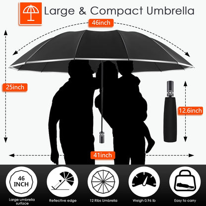 Bodyguard Inverted Umbrella - Large Windproof for Rain & Sun, Compact Reverse With Reflective Stripe, Teflon-Coated for Women Men, Travel Folding With Cover Bag