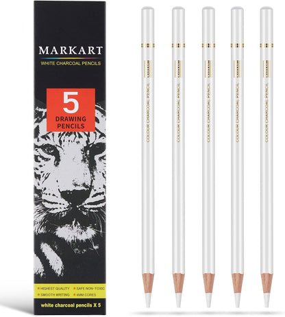 MARKART Professional White Charcoal Pencils Set, 5 Pieces Sketch Highlight Charcoal Pencils for Drawing, Sketching, Shading, Blending, White Chalk Pencils for Beginners & Artists