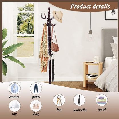 Wooden Coat Rack Freestanding, Vintage Coat Racks with Sturdy Round Base, Adjustable Height 37.40"-72.83" Entrance Coat Rack for Bedroom Living Room Entryway (Solid Wood Fenghuang Gou)
