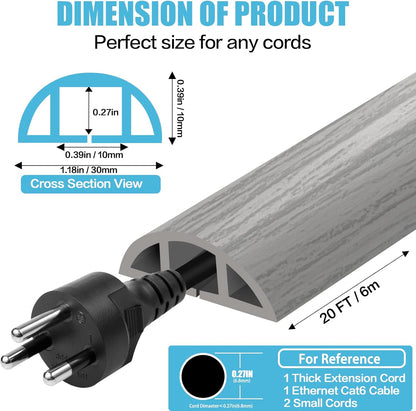 Floor Cord Cover Self Adhesive Cord Hider,20FT Cable Management, Extension Strip Protector for Wires, Prevent Cable Trips for Offices, Gyms, Exhibitions Cavity:0.39"(W) x 0.27"(H) Gray Wood