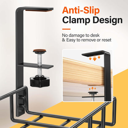 2 Pack Cable Management Under Desk Tray, 31.4" No Drill Under Desk Wire Management with Upgraded Clamp, Metal Cord Organizers for Desk with Cable Organizers, PC Cable Management Rack, Black
