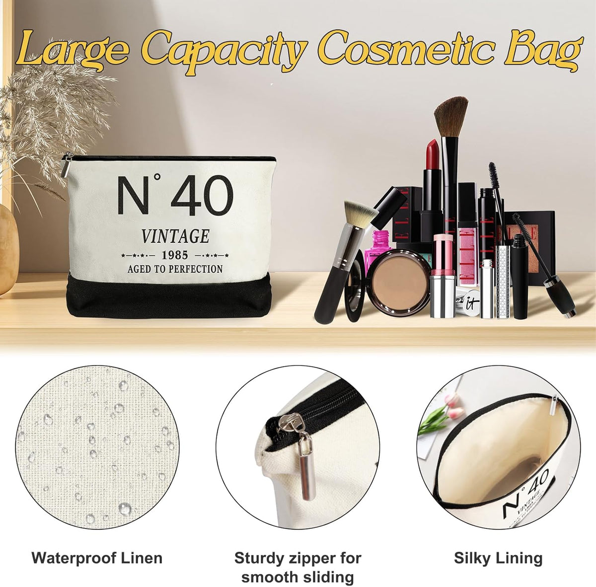 40th Birthday Gifts for Women Canvas Tote Bag Travel Gear, Unique 40 Years Old Birthday Gifts for Her Mom Wife Aunt Friends, Vintage N40 Handbag & Cosmetic Bag & Back in 1985 Poster