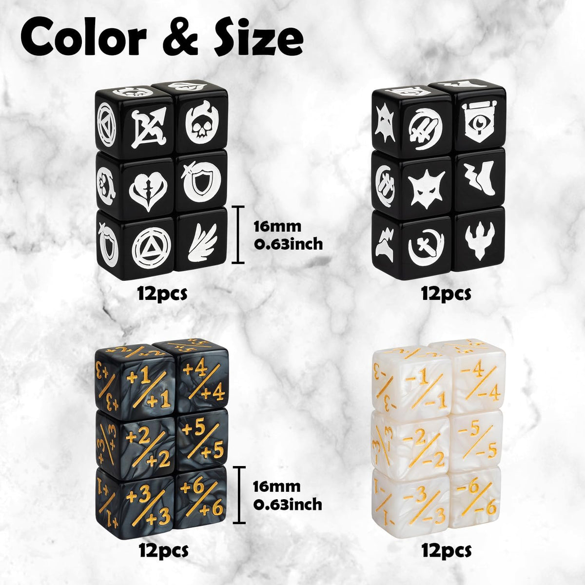 48 Pieces MTG Dice Counters Icon Abilities Keywords Counter Plus 1 Life Buff Tokens Dice Set for TCG Magic Cards Game Accessories, Black