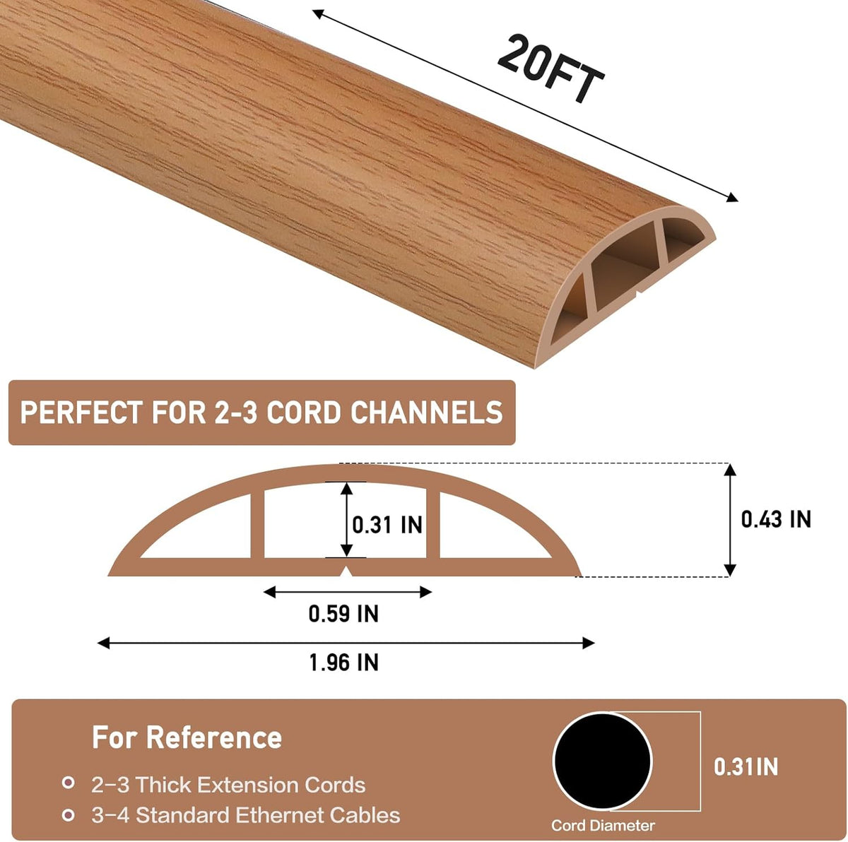 Floor Cord Cover Self Adhesive Cord Hider Floor Extension Cord Covers for Floor Power Cord Protector Cable Management Prevent Cable Trips Cable Cavity 0.59" W x 0.31" H (Light Brown Wood, 20Ft)