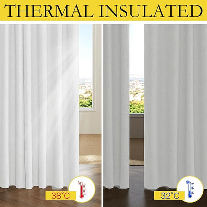 NICETOWN 100% Absolutely Blackout Linen Curtains with Thermal Insulated Liner, Greyish White, 42" Wide, 45" Length Energy Saving Curtains for Dining Room 2 Panels Set, Vertical Blinds