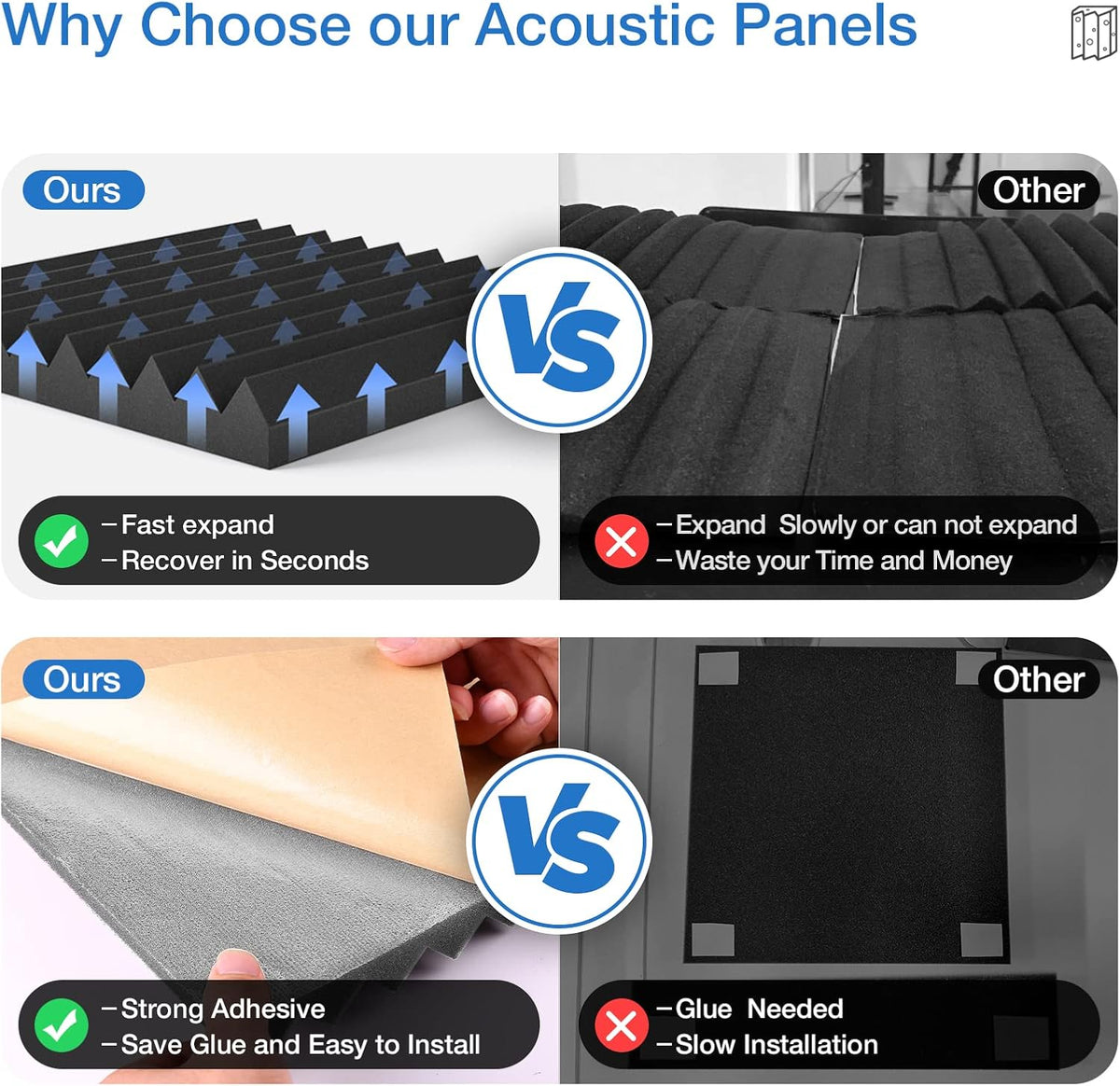 24 Pack Self-Adhesive Acoustic Panels - 2"X 12"X 12"Wall Panels - Quick-Recovery and High Density Sound Panels - Sound proof Acoustic Foam for Home Studio - Gray