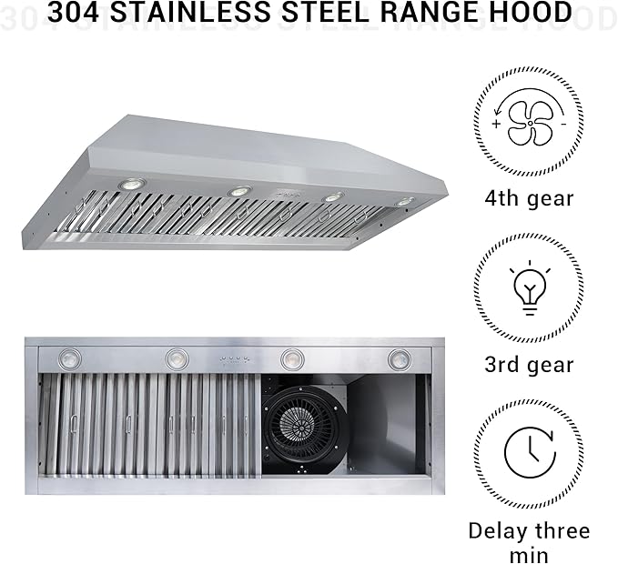 CHETTO C Stainless Steel Range Hood Cover with 4-Speed Vent Hood Insert Custom Handmade Metal Kitchen Fan with Towel Rack LED Light 48"W x24"D x21"H Black Wall Mount