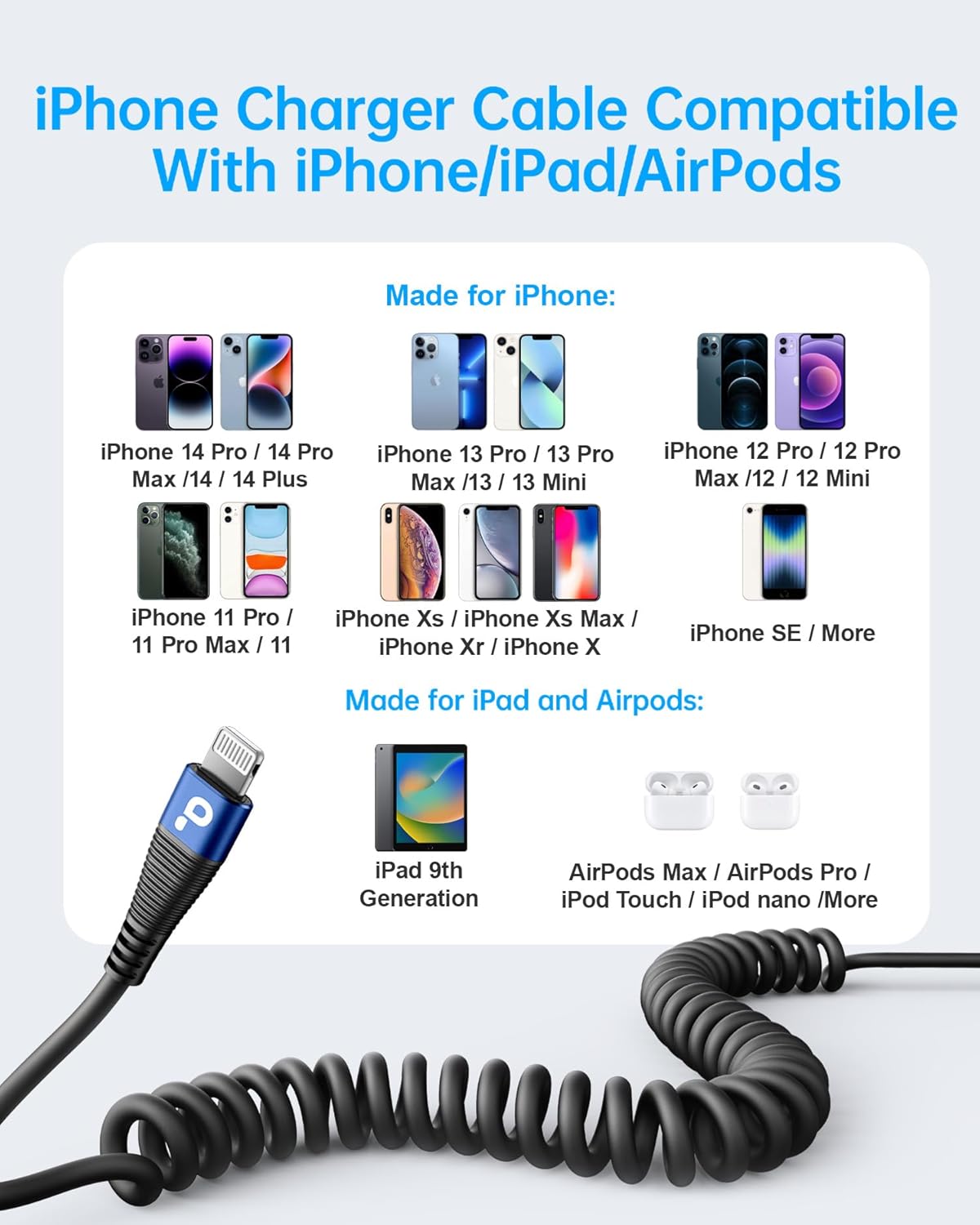 iPhone Charger Cable for Car 3FT, 2Pack Coiled Lightning Cable, [Apple MFi Certified] Retractable Charging Cord Compatible with iPhone 14/13/12/11 Pro Max/XS MAX/XR/XS/8/iPad/iPod/CarPlay-Blue