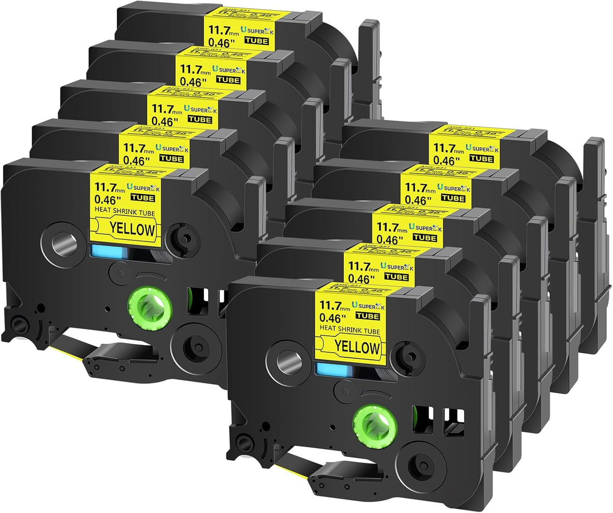 10 Pack Compatible for Ptouch HSe-631 HSe631 HS-631 HS631 Black on Yellow 11.7mm 0.46'' Heat Shrink Tubing Label Tape for Wire Cable use in PT-P710BT P700 P750W P900 Label Printer