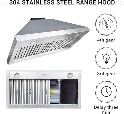 CHETTO C Stainless Steel Range Hood Cover with 4-Speed Vent Hood Insert Custom Handmade Metal Kitchen Fan with Towel Rack LED Light 36"W x24"D x45"H Black Wall Mount