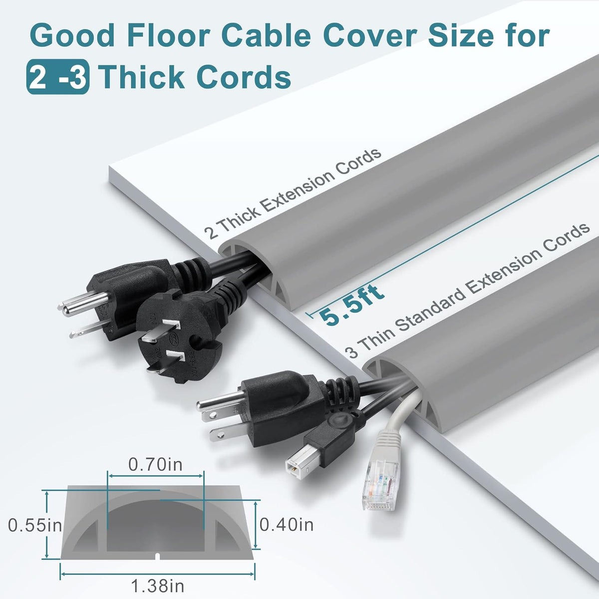 5.5FT Floor Cord Cover, Grey Soft Cable Cover Floor, Large Size Extension Cord Covers for Floor, Power Cord Protector Floor Wire Cover - Cord Channel Diameter: 0.7" (W) x 0.4" (H)