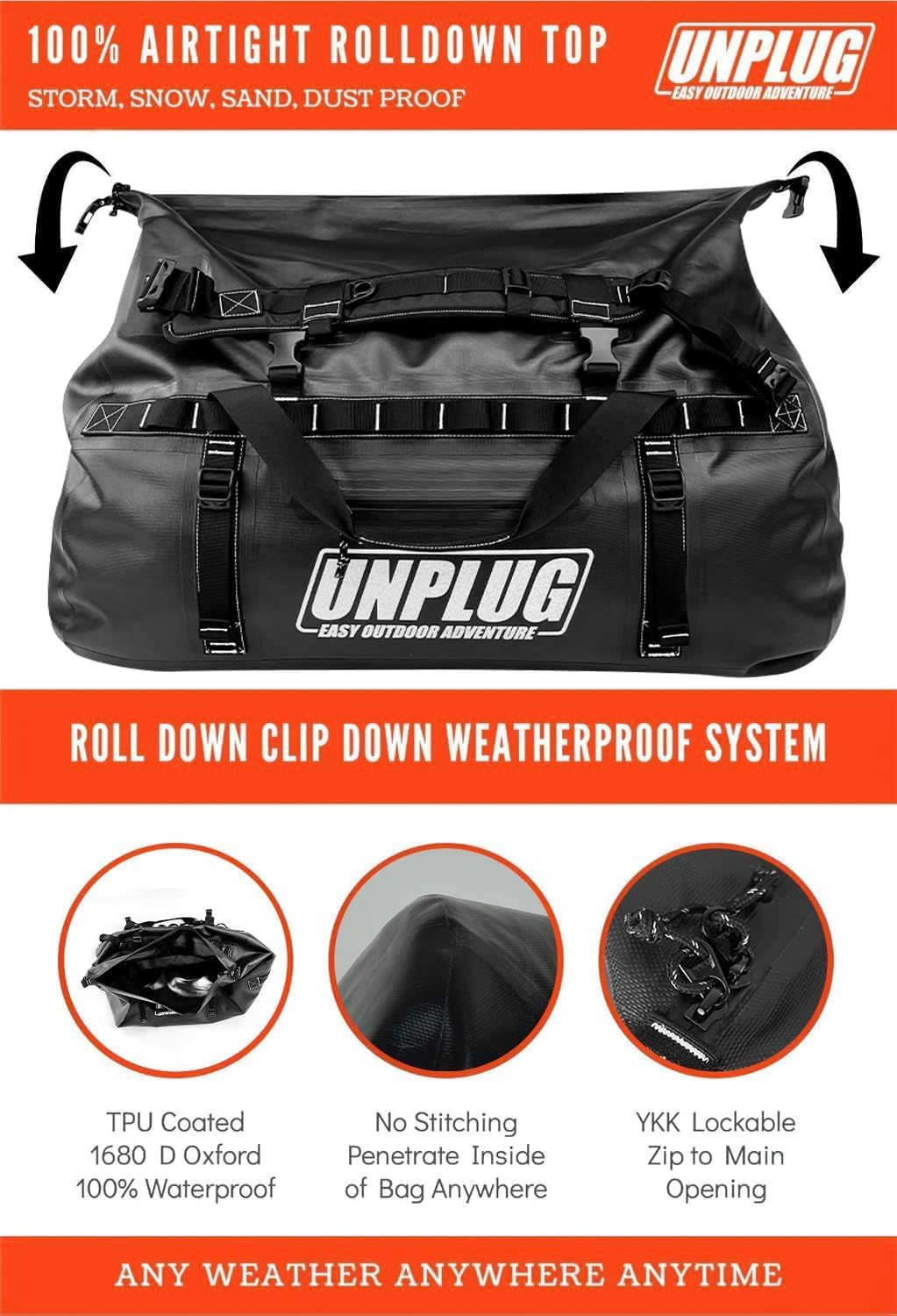 UNPLUG Ultimate Adventure Bag | 1680D Heavy Duty Waterproof Bag | Large Travel Duffle Bag which can be Used for Camping, Motorcycling, Boating, or Hunting