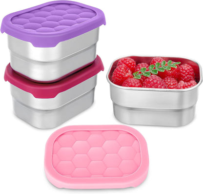 Gencywe® 3 Pack Stainless Steel Snack Containers for Kids, 8 oz Easy Open Leak Proof Small Toddler Snack Containers with Silicone Lids, Stackable Metal Lunch Box for Daycare and School (Blue)