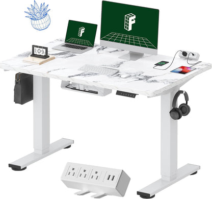 FLEXISPOT EN2 Whole-Piece Standing Desk with Clamp Power Strip, 48 x 30 Electric Stand Up Height Adjustable Desk with Cable Management (White Frame + 48" Marble Gray Top, 2 Packages)