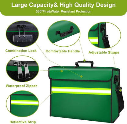 Large Fireproof Money Bags with Lock-6500°F Fireproof Document Box,10 Layers Insulation Materials&Waterproof Zipper,Removable Folder Layers/Wallet,Reflective Strip for Valuables(16.5”x 12.4”x 5.5”)