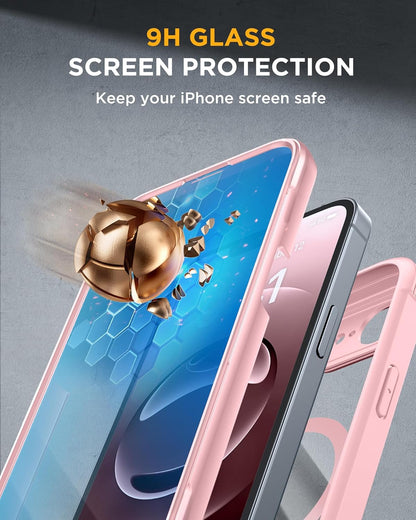 Miracase Magnetic for iPhone 16e Case Full-Body Phone with Built-in Glass Screen Protector, [Compatible with MagSafe] Military Drop Proof 16E Cover Bumper 6.1 inch, Pink