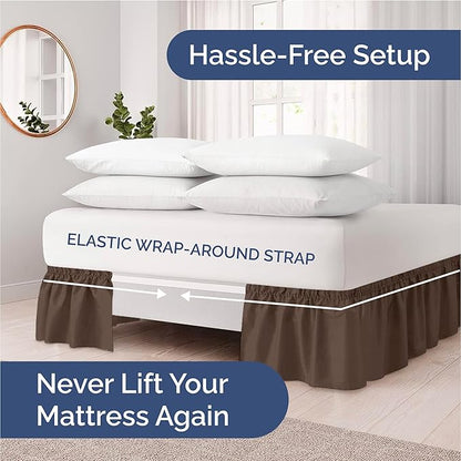 Wrap Around Dust Ruffle Bed Skirt - Brown - Twin/Twin XL Size Beds with 12 Inch Drop - Easy Fit Elastic Strap - Adjustable Pleated Bedskirt w/Brushed Fabric - Wrinkle Free - Women, Men, Kids & Teens