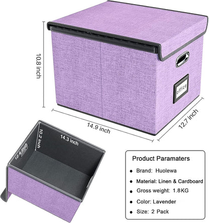 Decorative File Organizer Storage Boxes with Lid, Huolewa Linen Hanging Filing & Storage Box with Plastic Slide for Office/Decor/Home, Universal Hanging Filing Organization Box for Letter/Legal Folder