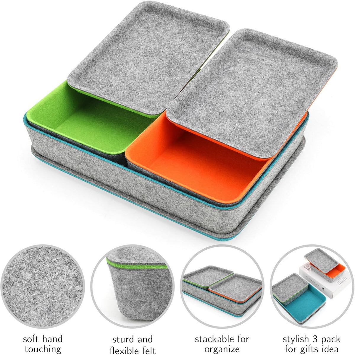 Welaxy stackable Lidded drawer organizer bins home office work desktop storage box with lid for junk makeup stationery decluttering sorting 3-pack (Orange + Green + Turquoise)