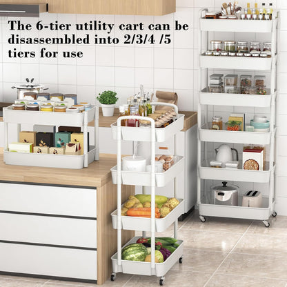 Sywhitta 6-Tier Plastic Rolling Utility Cart with Handle, Multi-Functional Storage Trolley for Office, Living Room, Kitchen, Movable Storage Organizer with Wheels, White